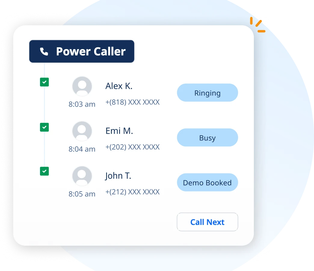 PowerCaller call queue listing prospects to call with each call outcome