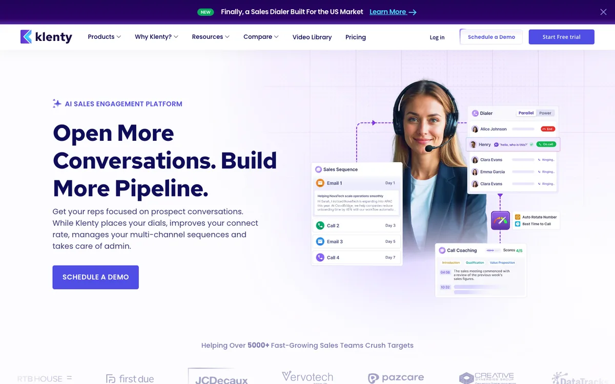 Klenty homepage showing a sales sequence mixing email and call steps beside a parallel dialer and call coaching scorecards