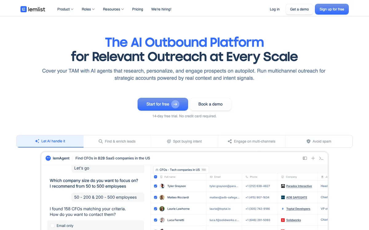 Lemlist AI outbound platform homepage with tabs for lead enrichment, buying intent, multi-channel engagement and spam avoidance