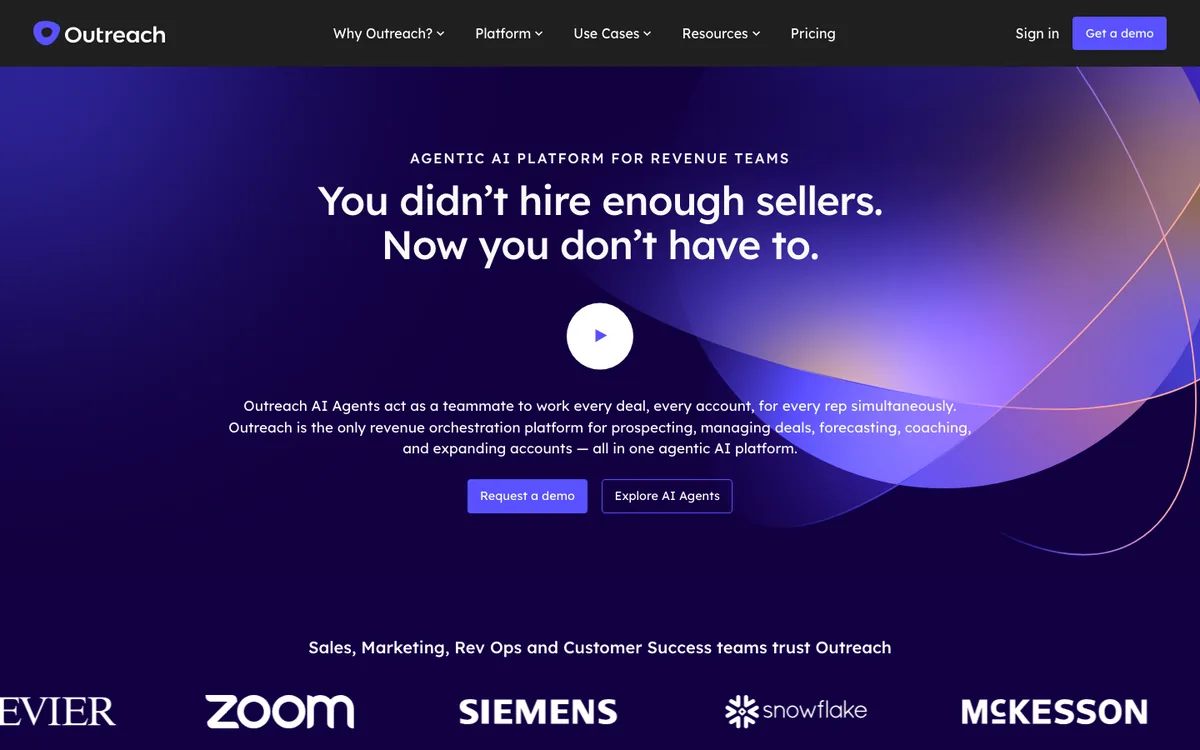 Outreach homepage positioning an agentic AI platform for revenue teams with AI agents working every deal and account