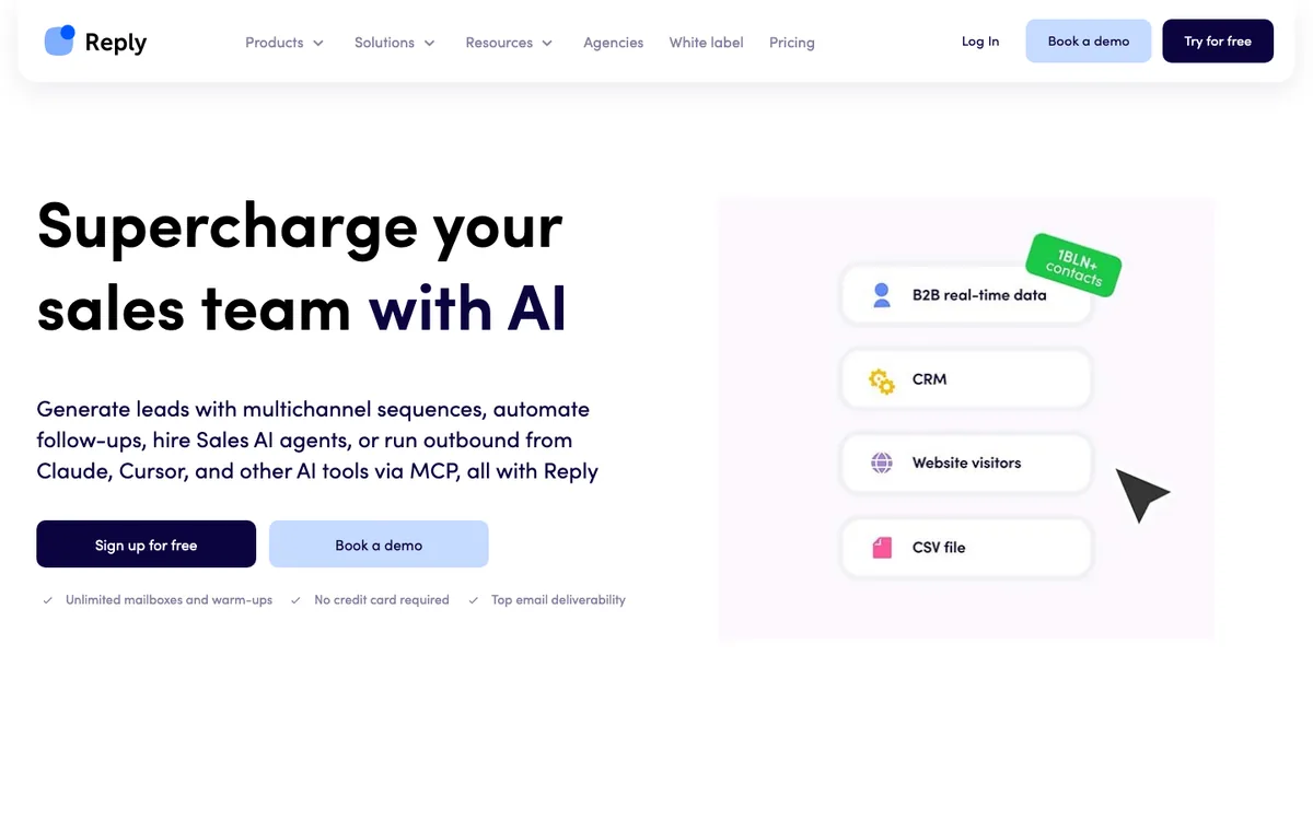 Reply.io homepage promoting multichannel sequences and AI sales agents fed by B2B data, CRM records and website visitors