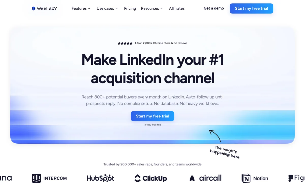 Waalaxy homepage focused on making LinkedIn the top acquisition channel with automated follow-ups and a 14-day free trial
