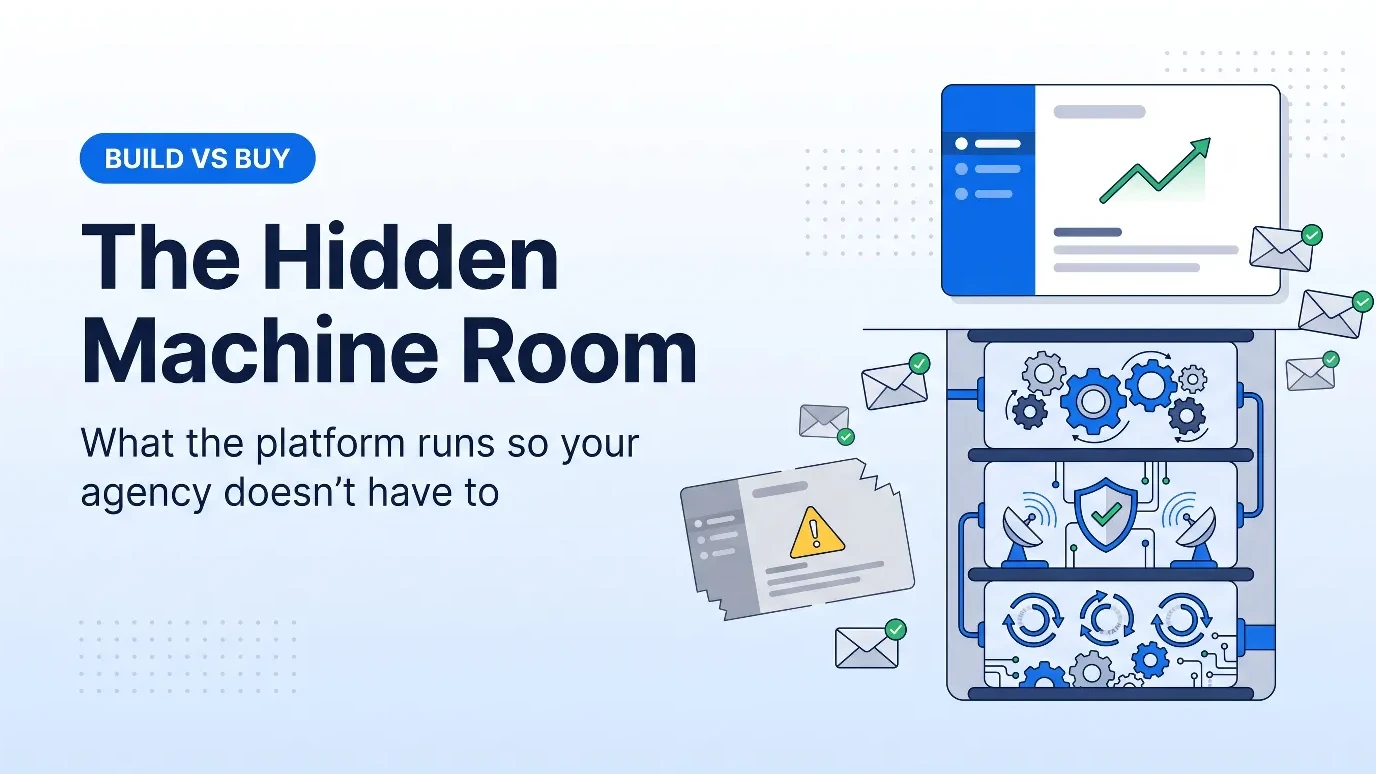 Illustration asking whether agencies should build their own cold email software, with hidden machinery under a platform dashboard