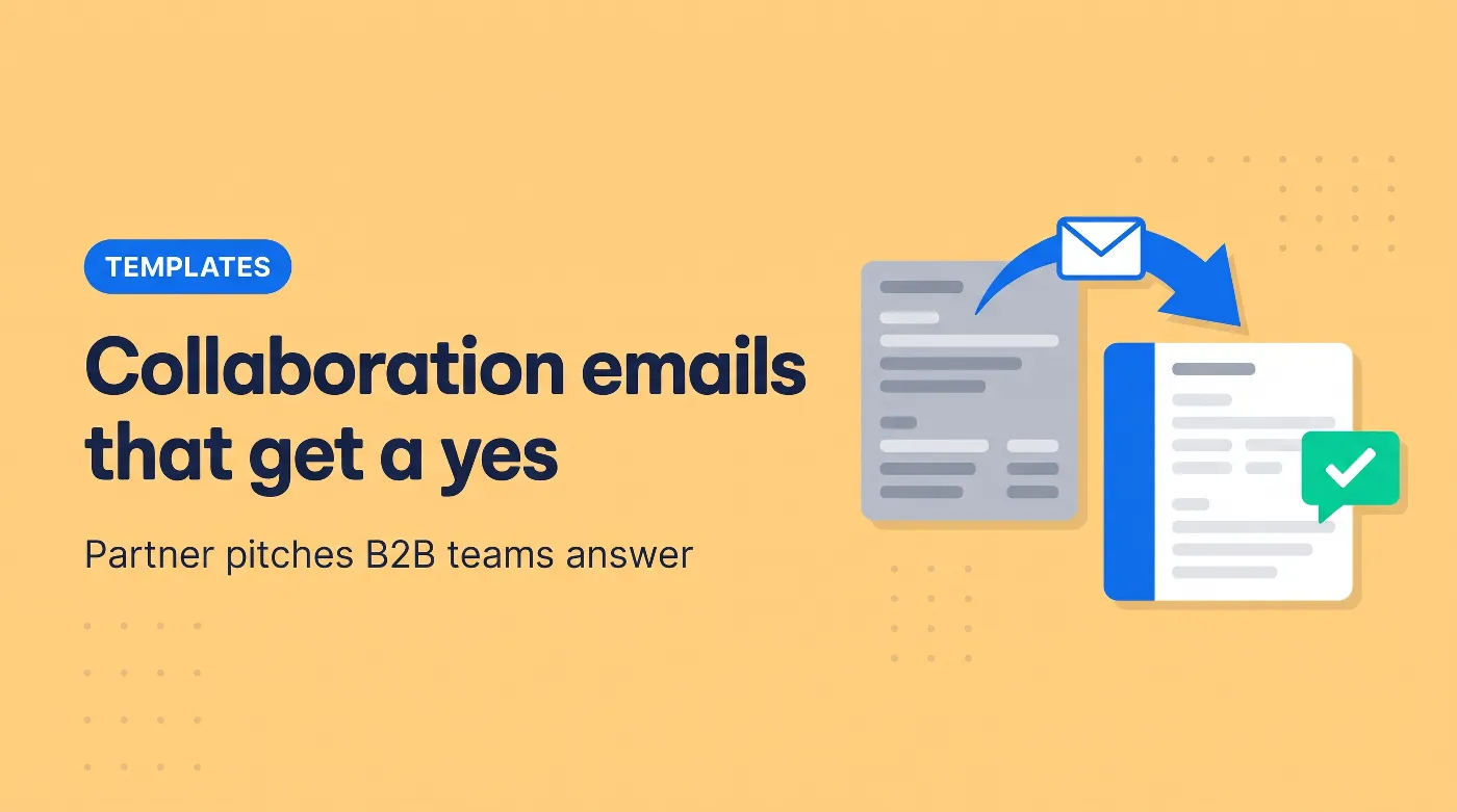Collaboration email banner showing a B2B partner pitch moving from one company dashboard to another and getting a yes reply