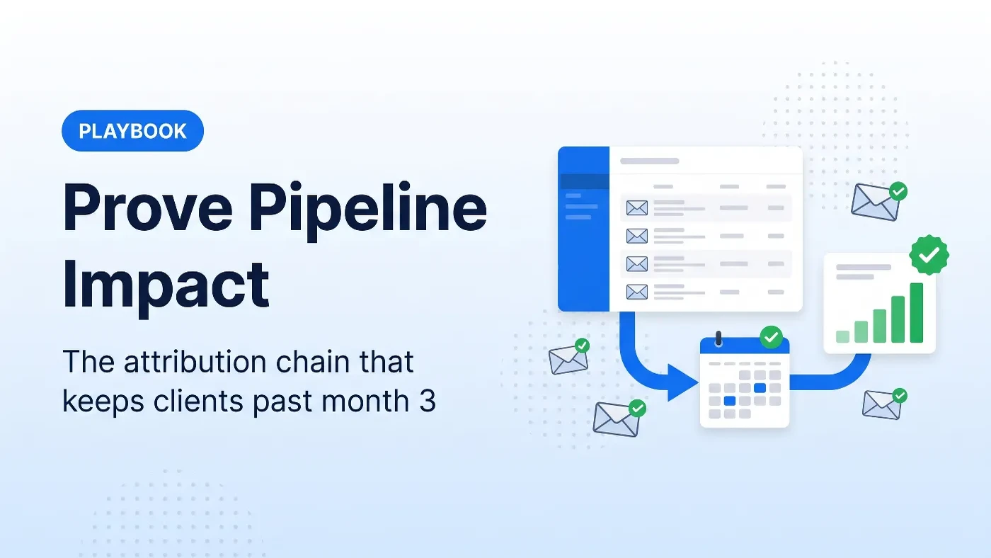 Flat illustration of a cold email sequence flowing through a booked meeting into a CRM pipeline chart, how lead gen agencies prove ROI to clients