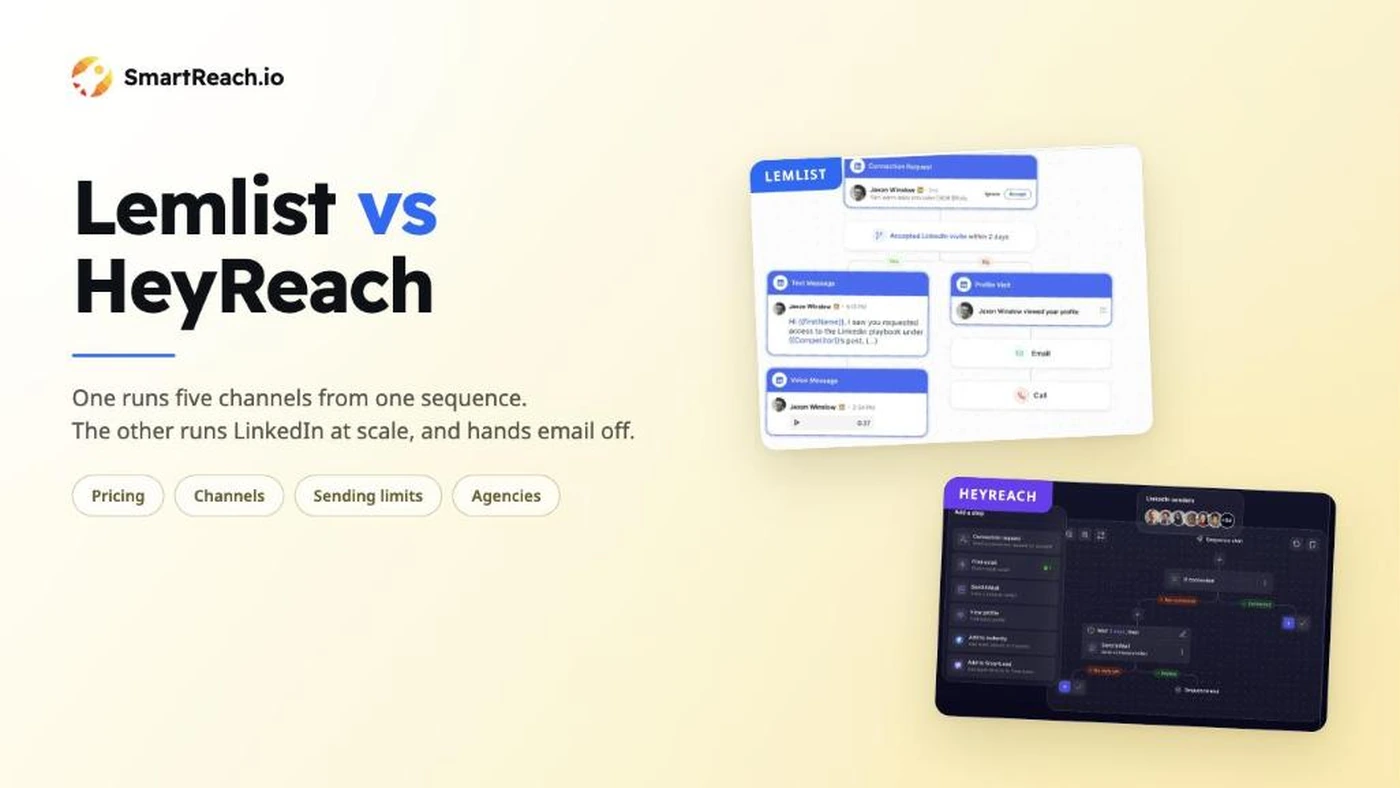 Lemlist vs HeyReach comparison hero on a cream background showing Lemlist's branching multichannel sequence beside HeyReach's LinkedIn step builder
