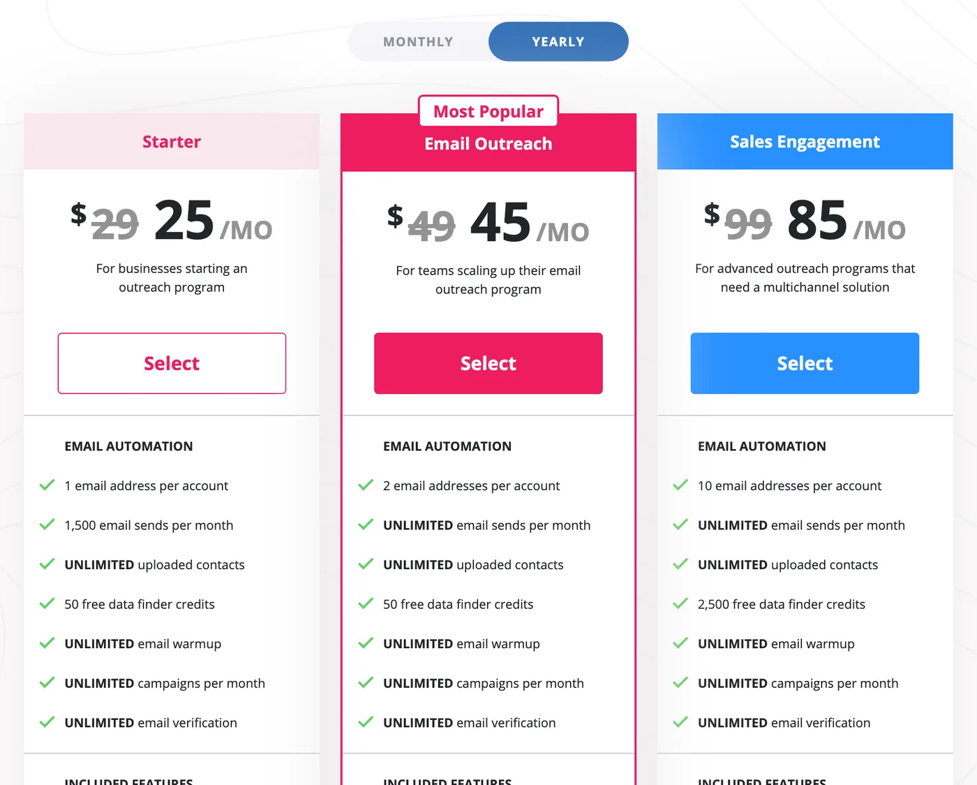 Screenshot of the Mailshake pricing page showing Starter, Email Outreach and Sales Engagement plans with the yearly toggle selected