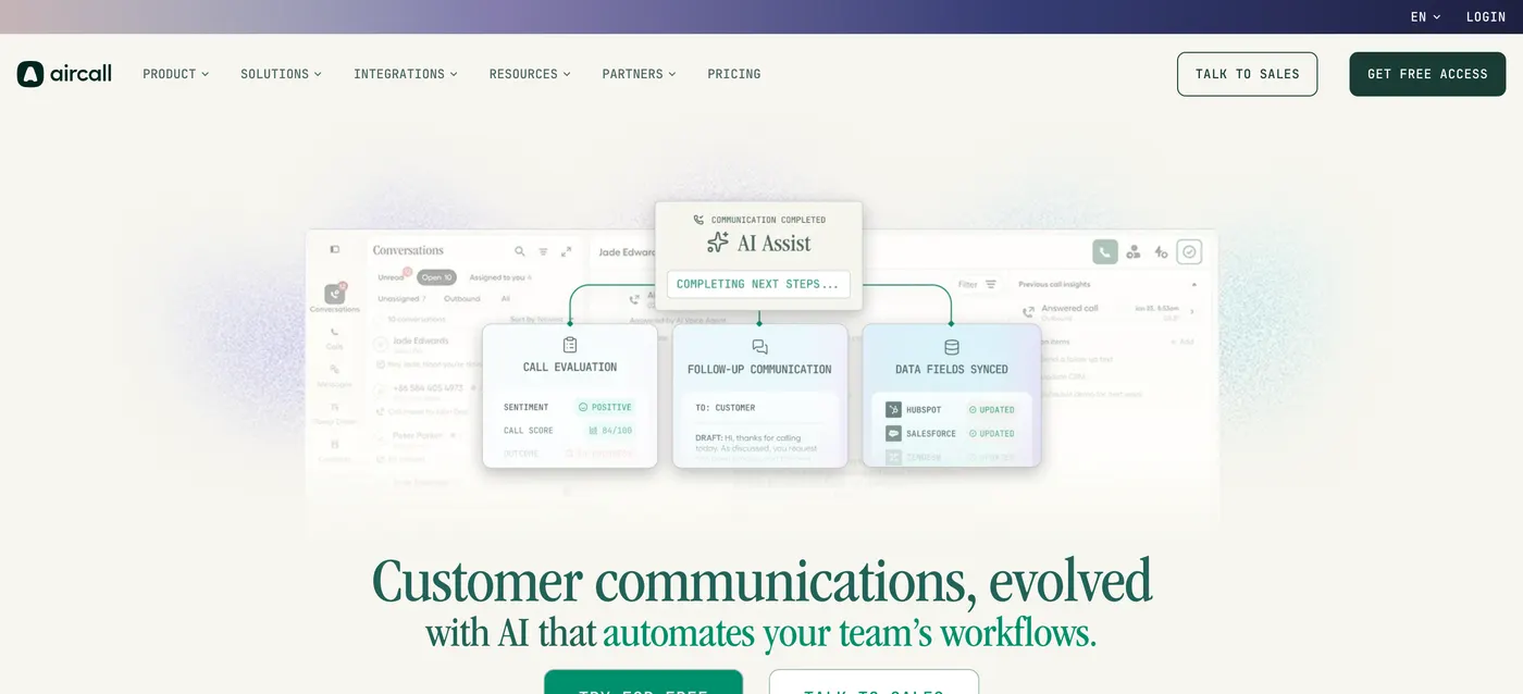 Aircall homepage, an OpenPhone alternative showing AI call evaluation, follow-ups and HubSpot and Salesforce sync
