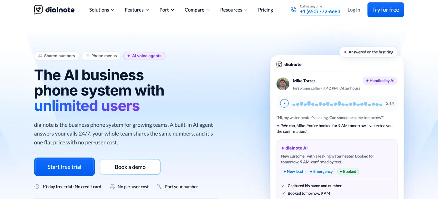 dialnote homepage, an OpenPhone alternative with a 24/7 AI voice agent, shared numbers and flat pricing with unlimited users