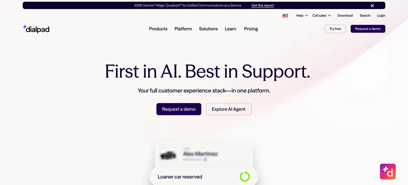 Dialpad homepage, an OpenPhone alternative pitching AI-powered business calling, contact center and customer support