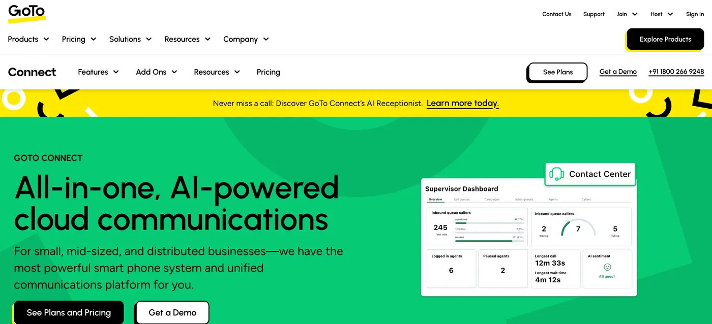 GoTo Connect homepage, an OpenPhone alternative showing its AI cloud phone system and contact center supervisor dashboard