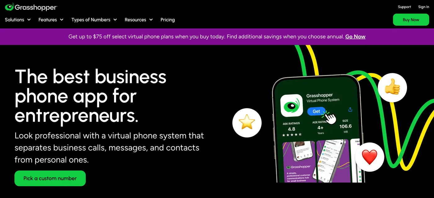 Grasshopper homepage, an OpenPhone alternative selling a virtual business phone app for entrepreneurs and solo owners