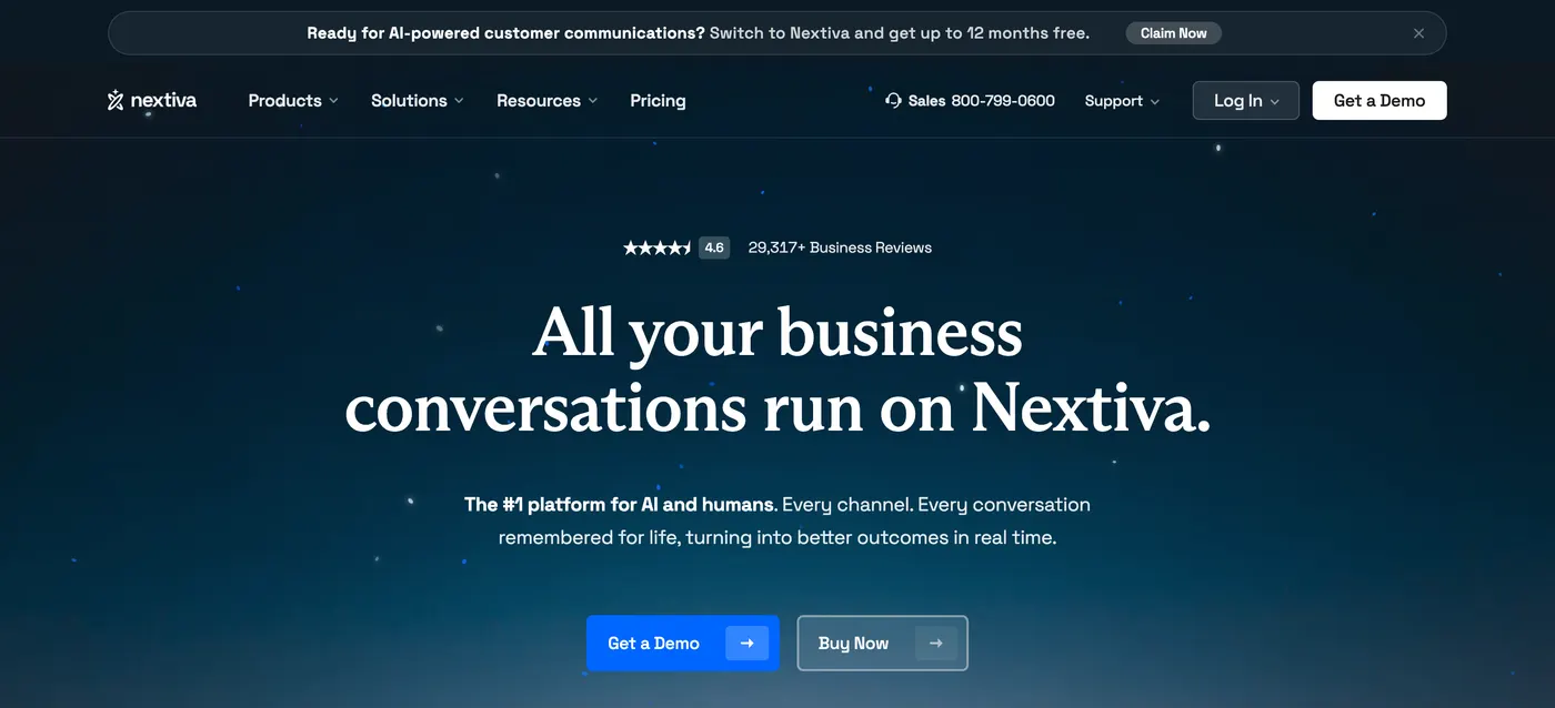 Nextiva homepage, an OpenPhone alternative offering one platform for business calls, messaging and contact center work