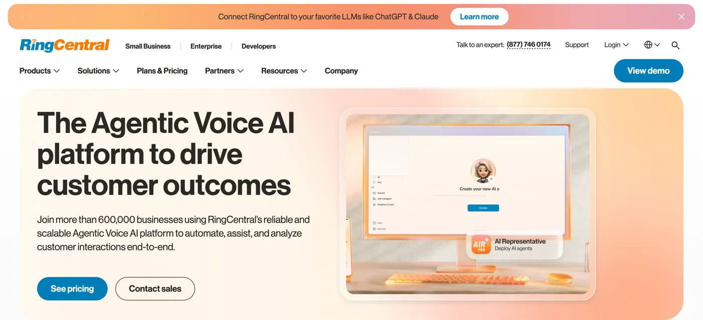 RingCentral homepage, an OpenPhone alternative positioned as an agentic voice AI platform for business communications