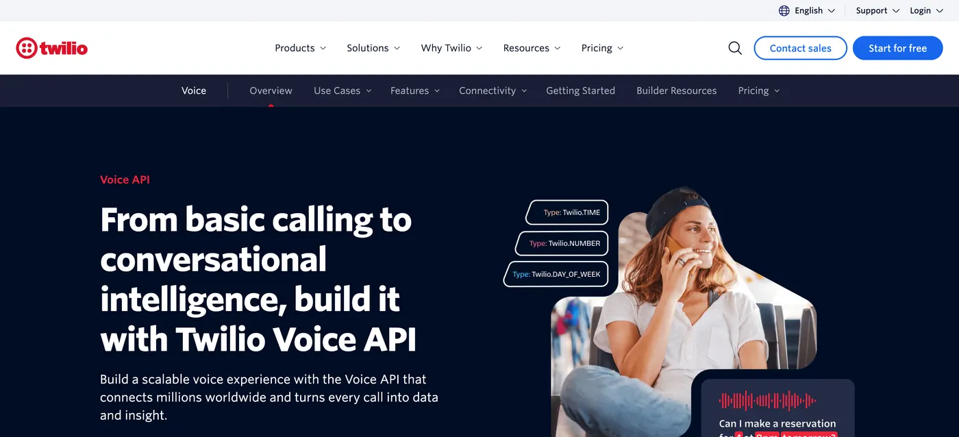 Twilio Voice API page, a developer OpenPhone alternative for building custom calling and conversational AI into apps