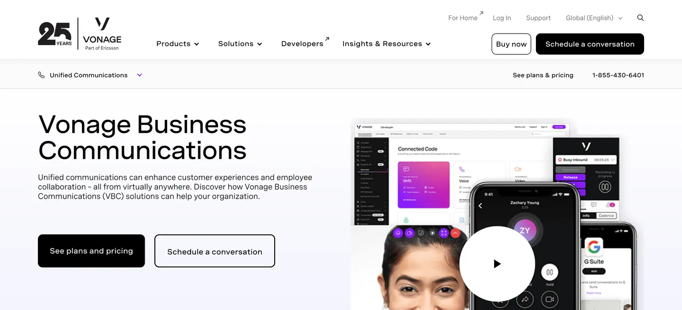 Vonage Business Communications homepage, an OpenPhone alternative for unified calls, video and messaging from Ericsson