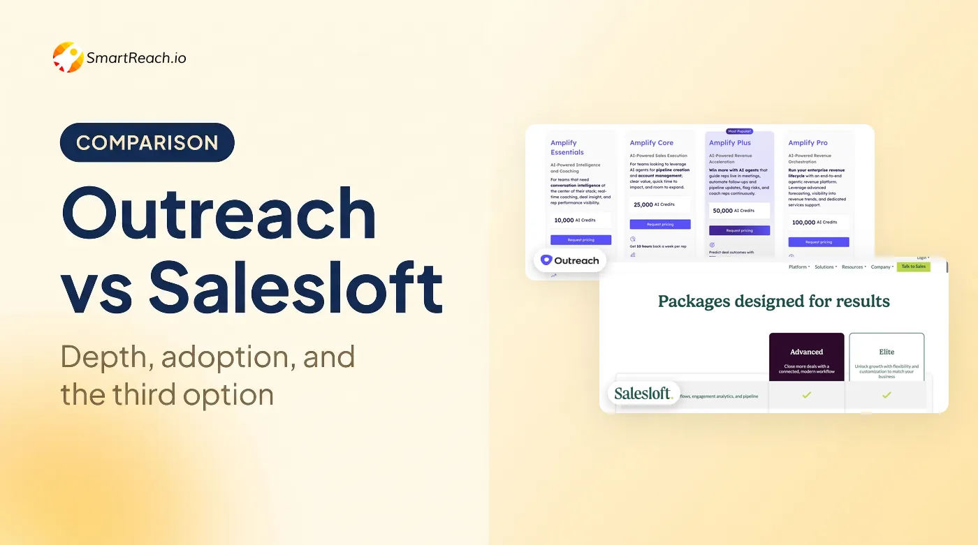 Outreach vs Salesloft comparison banner showing both vendors' live pricing pages side by side, Outreach's four Amplify packages and Salesloft's Advanced and Elite packages, neither displaying a price