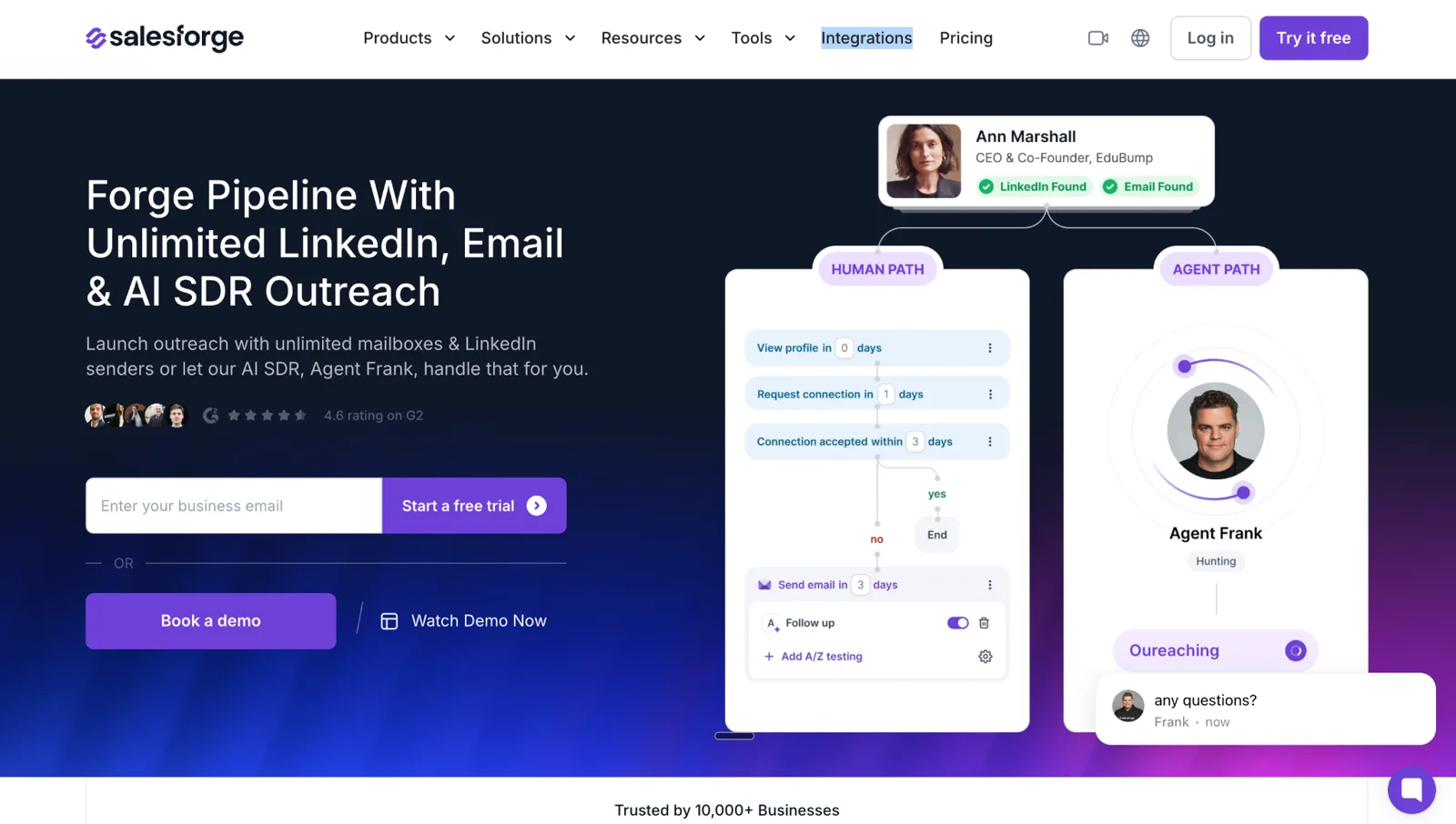 Salesforge sequence builder branching a LinkedIn connection request into a LinkedIn path or an email follow-up