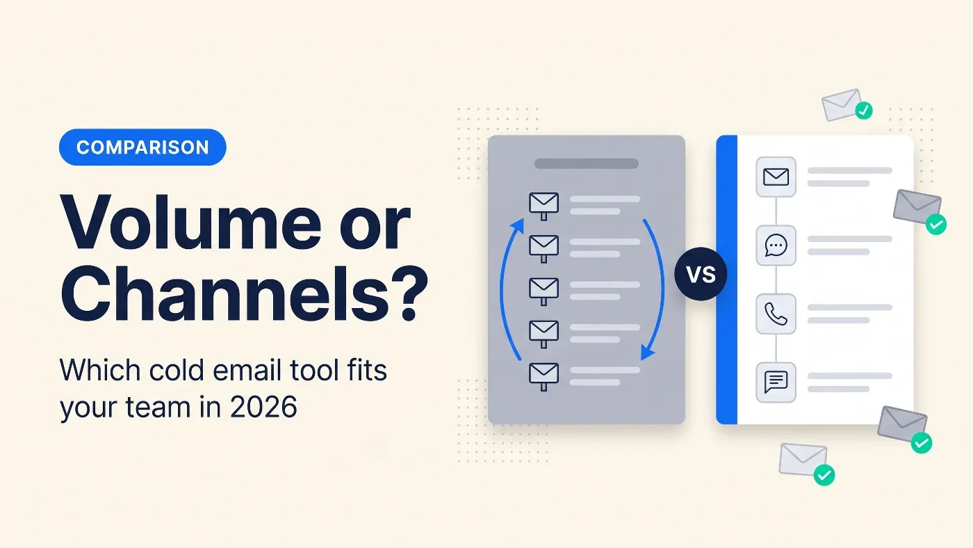 Smartlead vs Lemlist compared: a grey mailbox-rotation card beside a blue multichannel sequence card with a VS badge, asking volume or channels