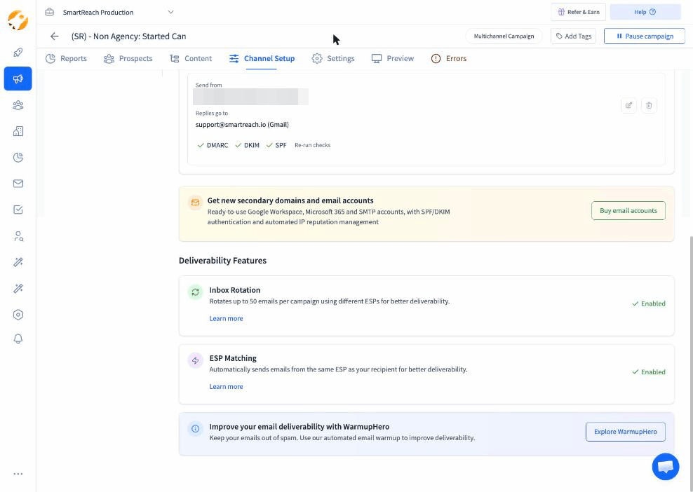 ESP Matching enabled in a SmartReach.io campaign, sending from the same provider as each recipient