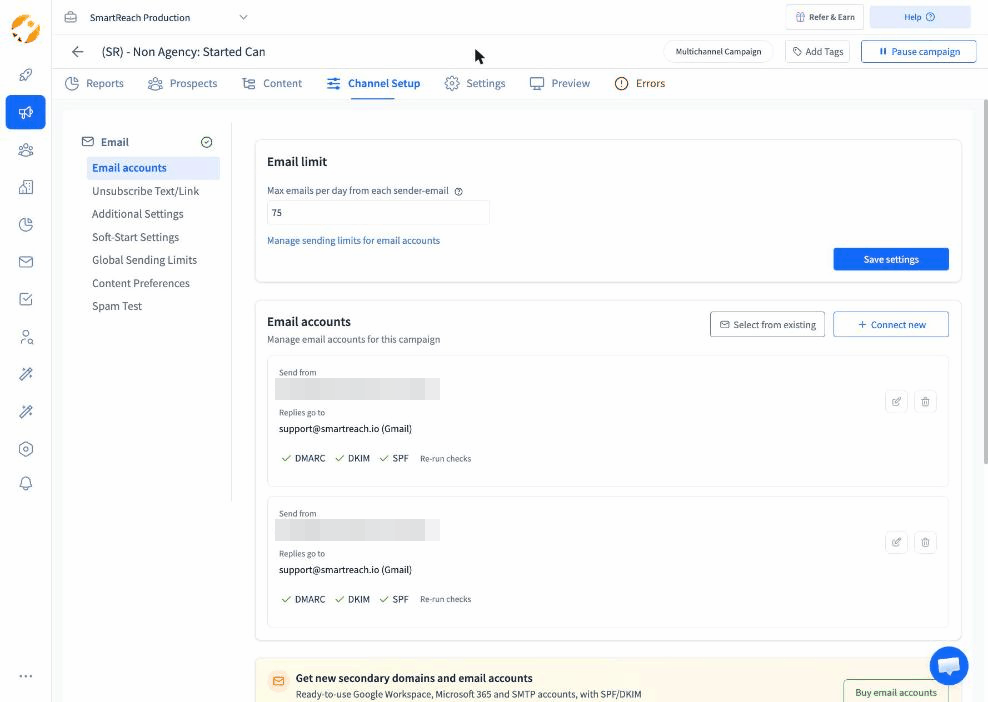 A SmartReach.io campaign's Email limit setting with per-sender daily cap and the connected sending accounts below