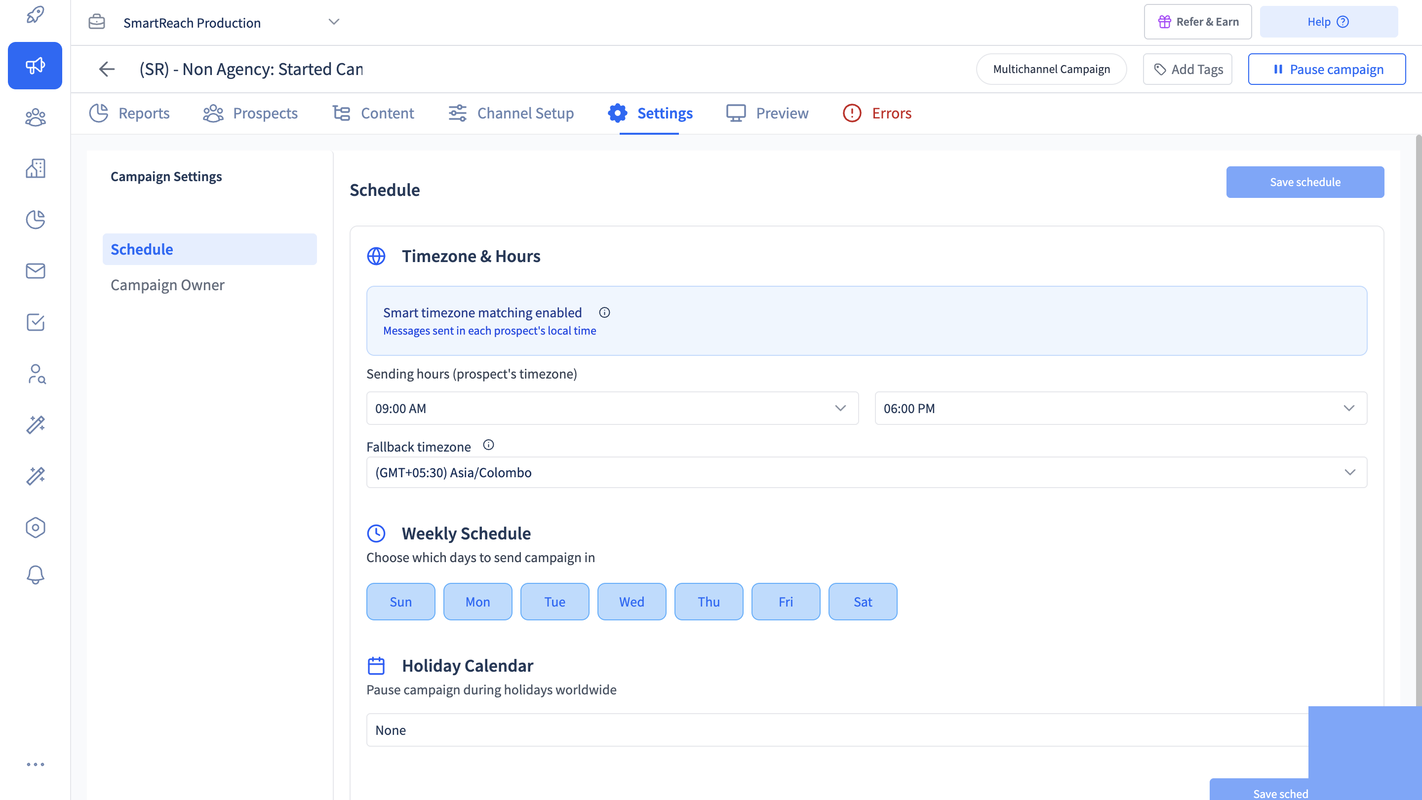Smart timezone matching in SmartReach.io sending each email in the prospect's local business hours