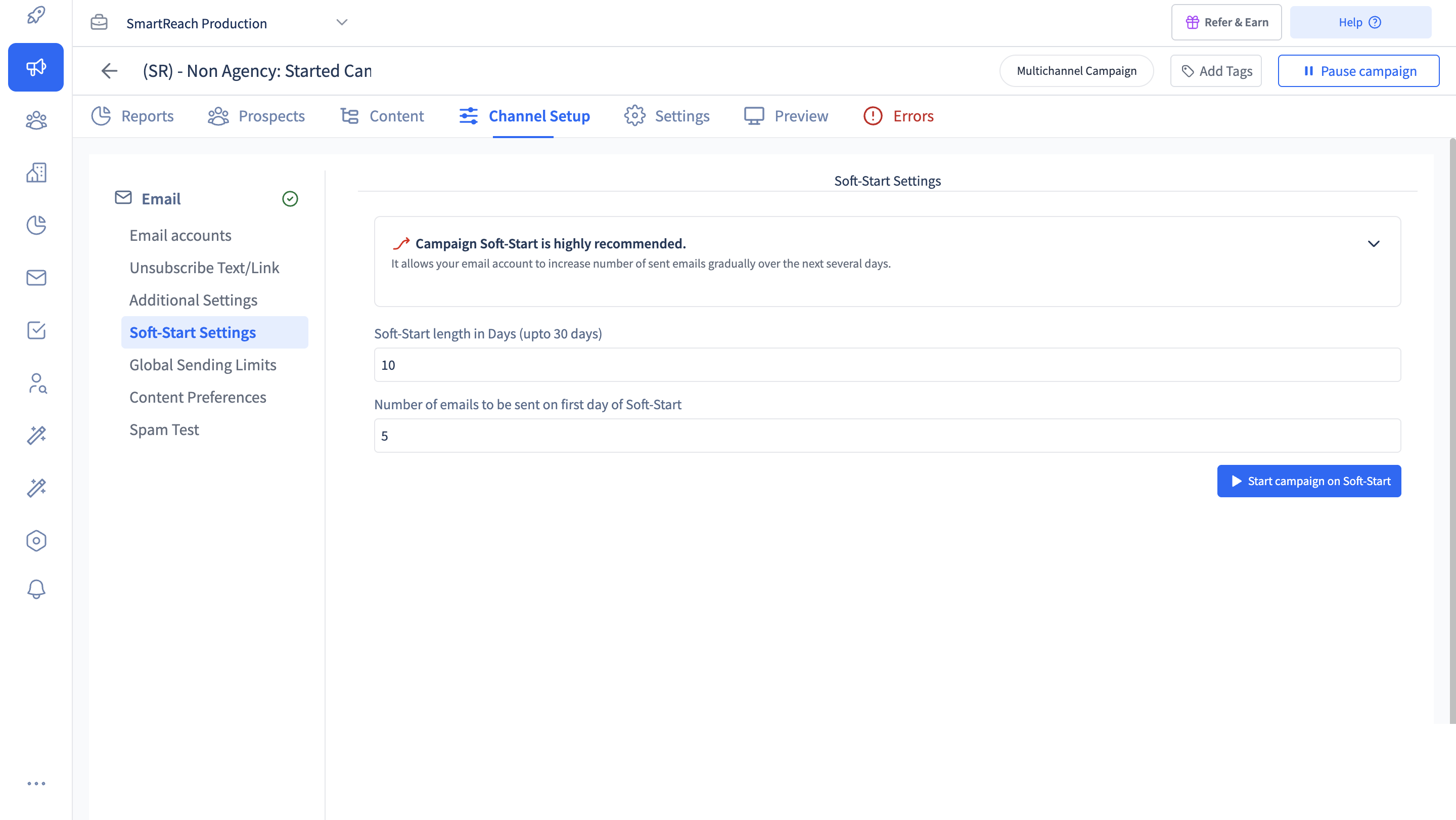Soft-Start Settings in a SmartReach.io campaign ramping volume over ten days from five first-day emails