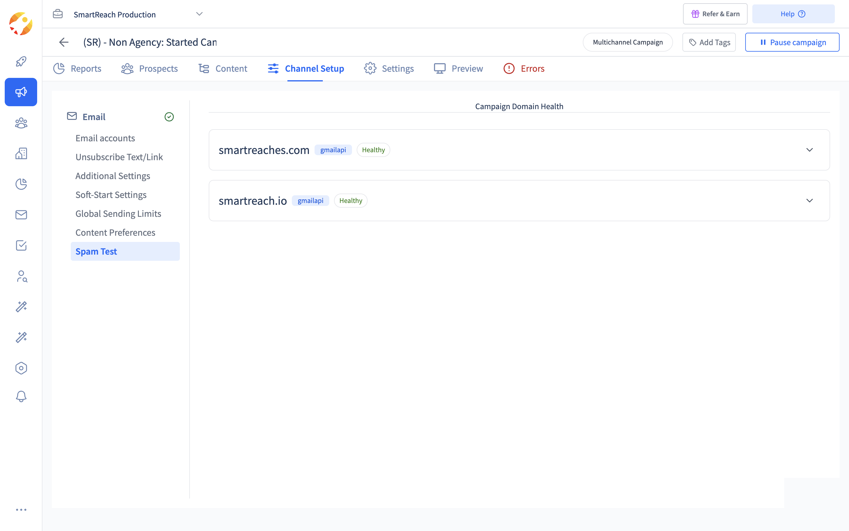 The campaign Spam Test in SmartReach.io showing per-domain health before sending