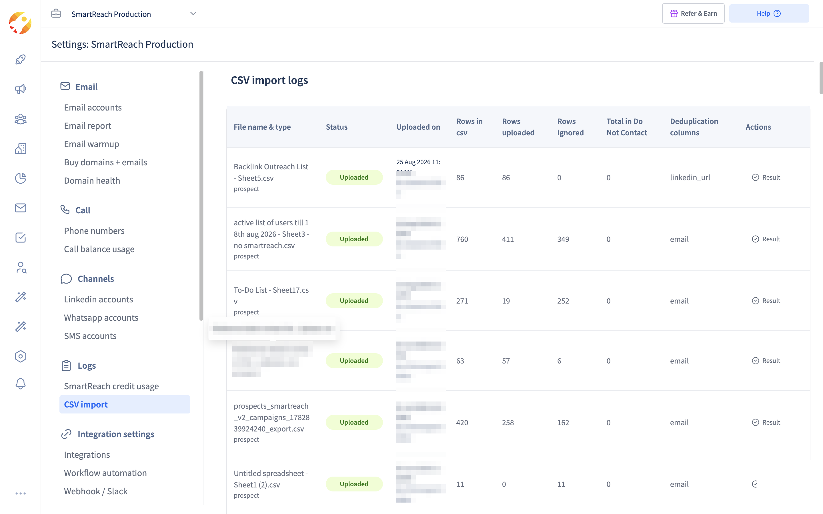 CSV import logs in SmartReach.io showing rows uploaded, ignored, Do Not Contact hits and deduplication columns per file