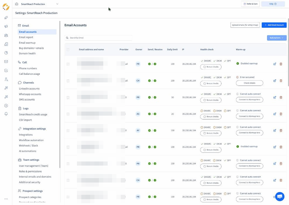 SmartReach.io Email accounts list showing DMARC, DKIM and SPF checks, daily limits and warm-up status per inbox