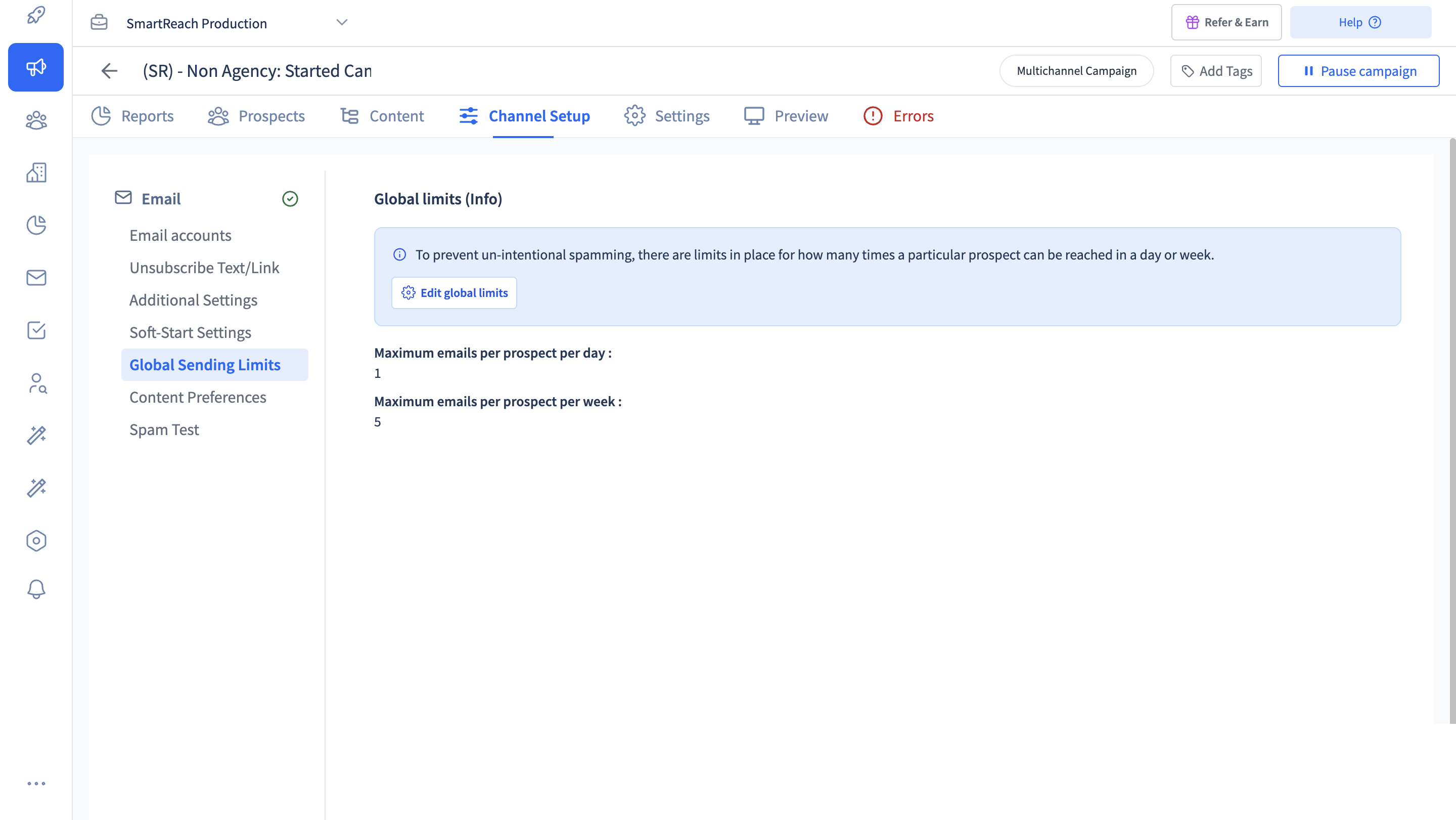 Global Sending Limits in a SmartReach.io campaign capping emails per prospect per day and week