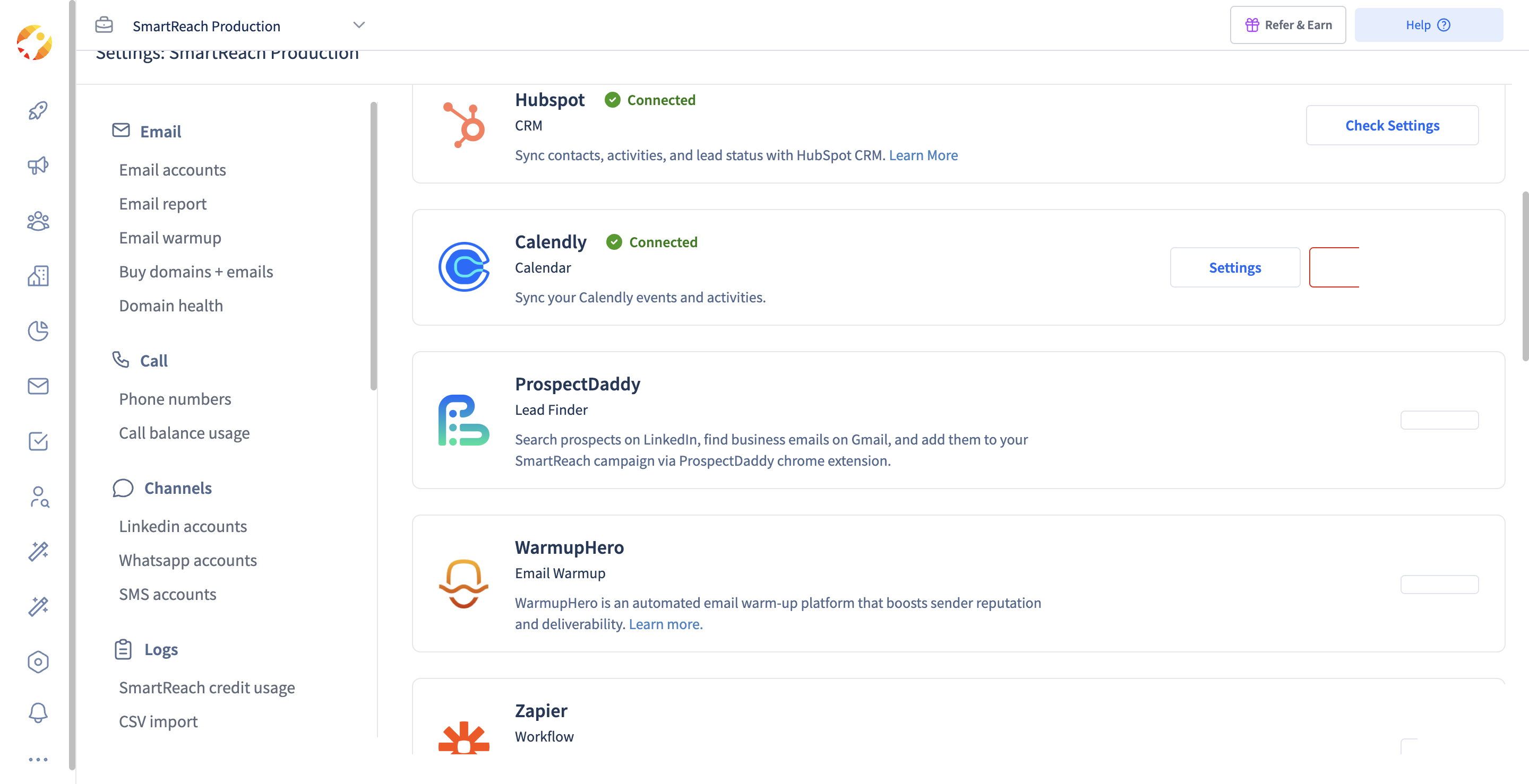 SmartReach.io Integrations settings with HubSpot connected as the CRM and sync of contacts, activities and lead status