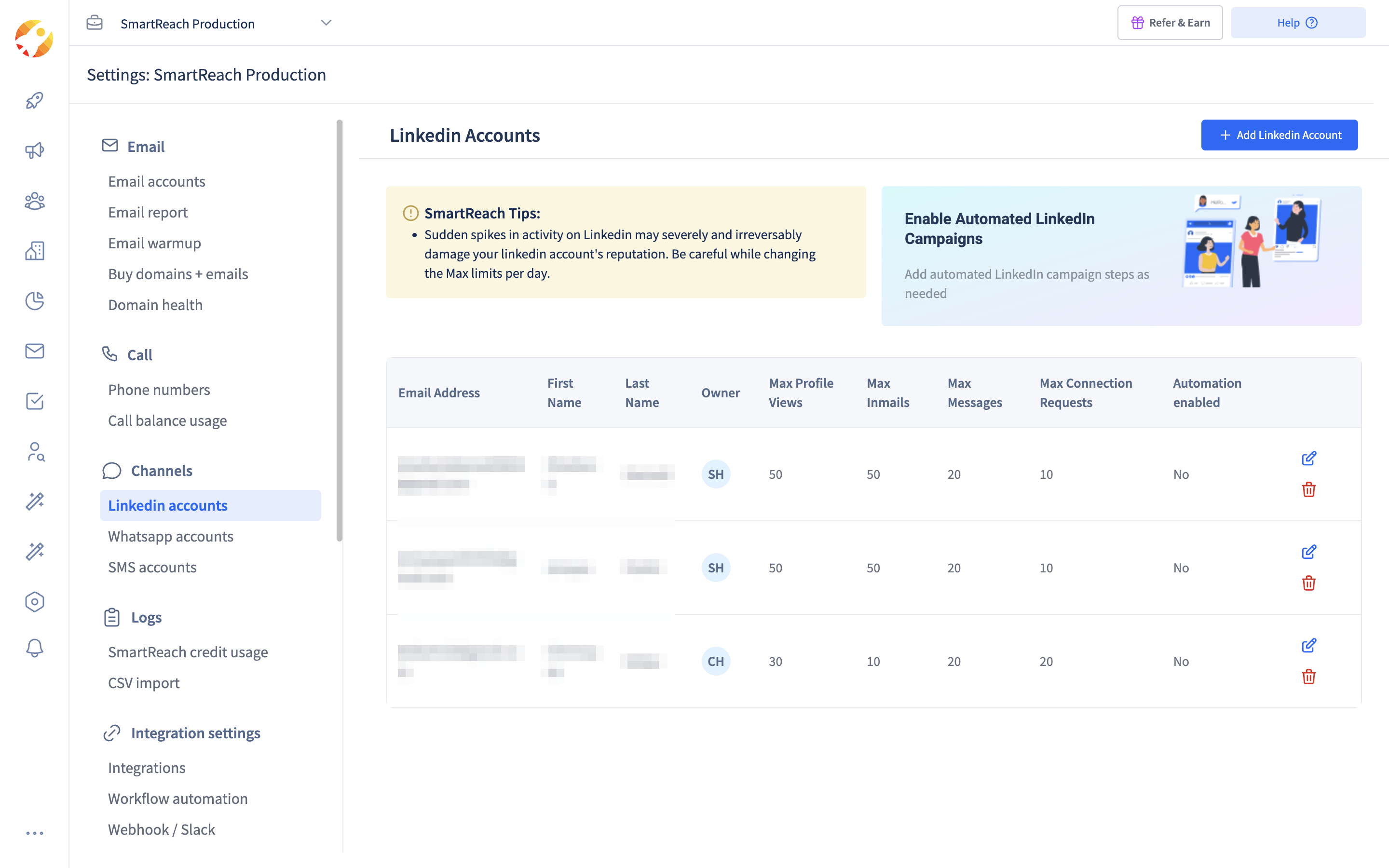 LinkedIn accounts in SmartReach.io with per-account daily limits on views, InMails, messages and connection requests