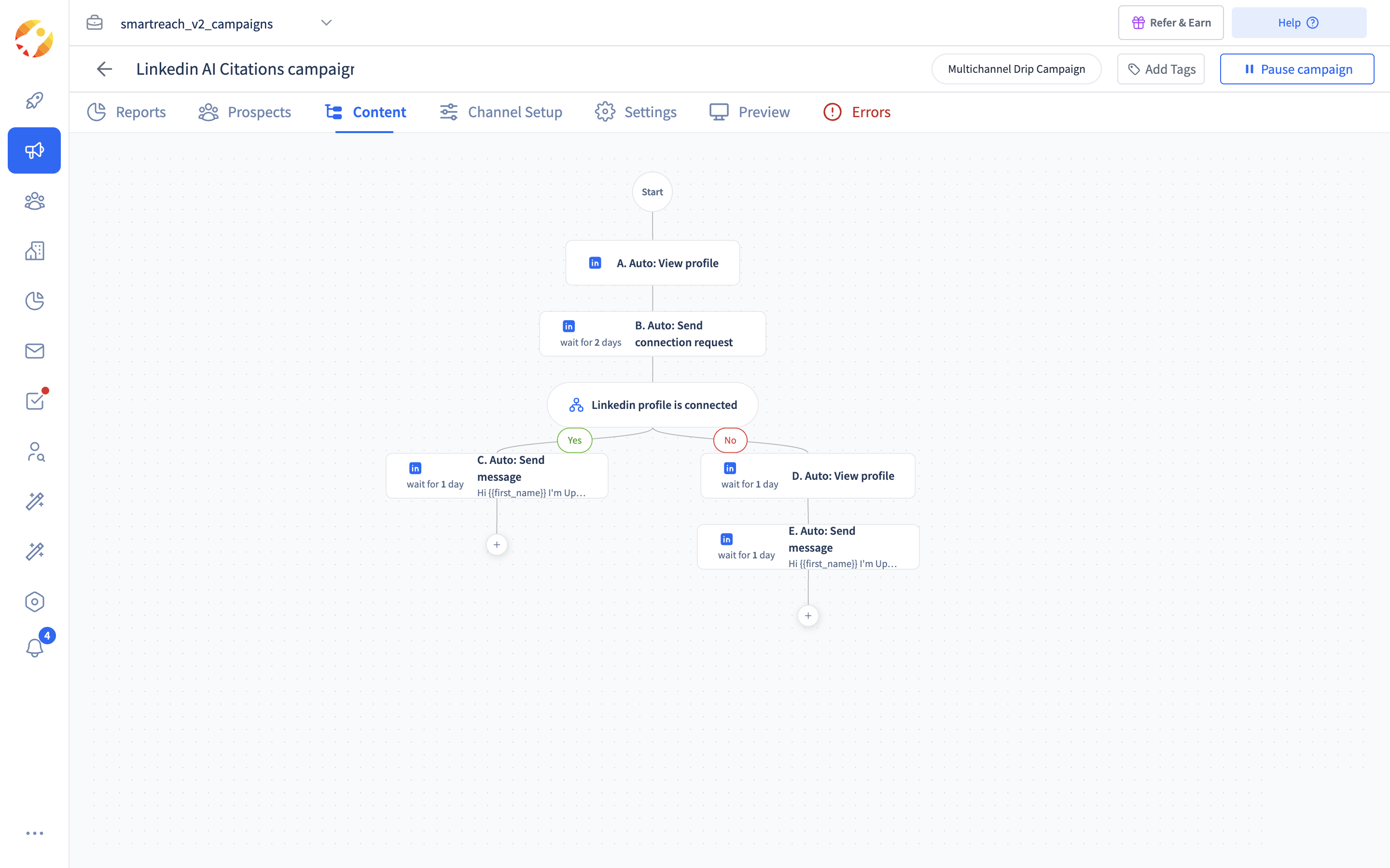 An automated LinkedIn sequence in SmartReach.io with profile view, connection request and a connected branch