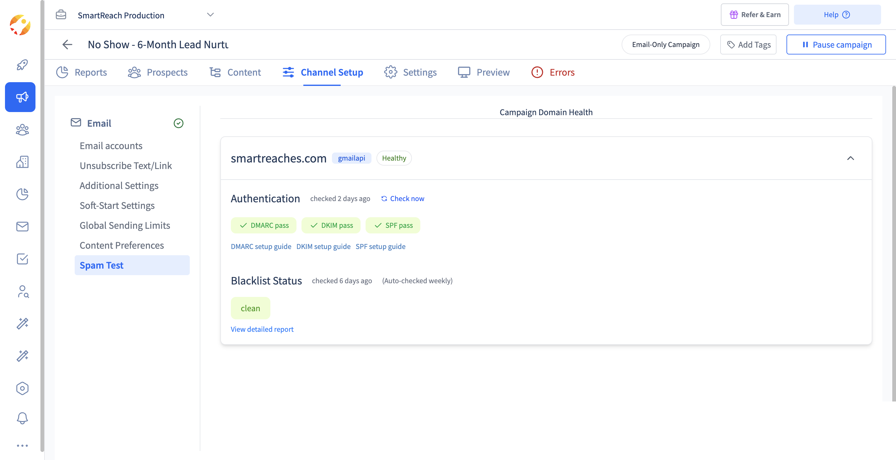 SmartReach.io Spam Test with DMARC, DKIM and SPF passing and a clean weekly blacklist check
