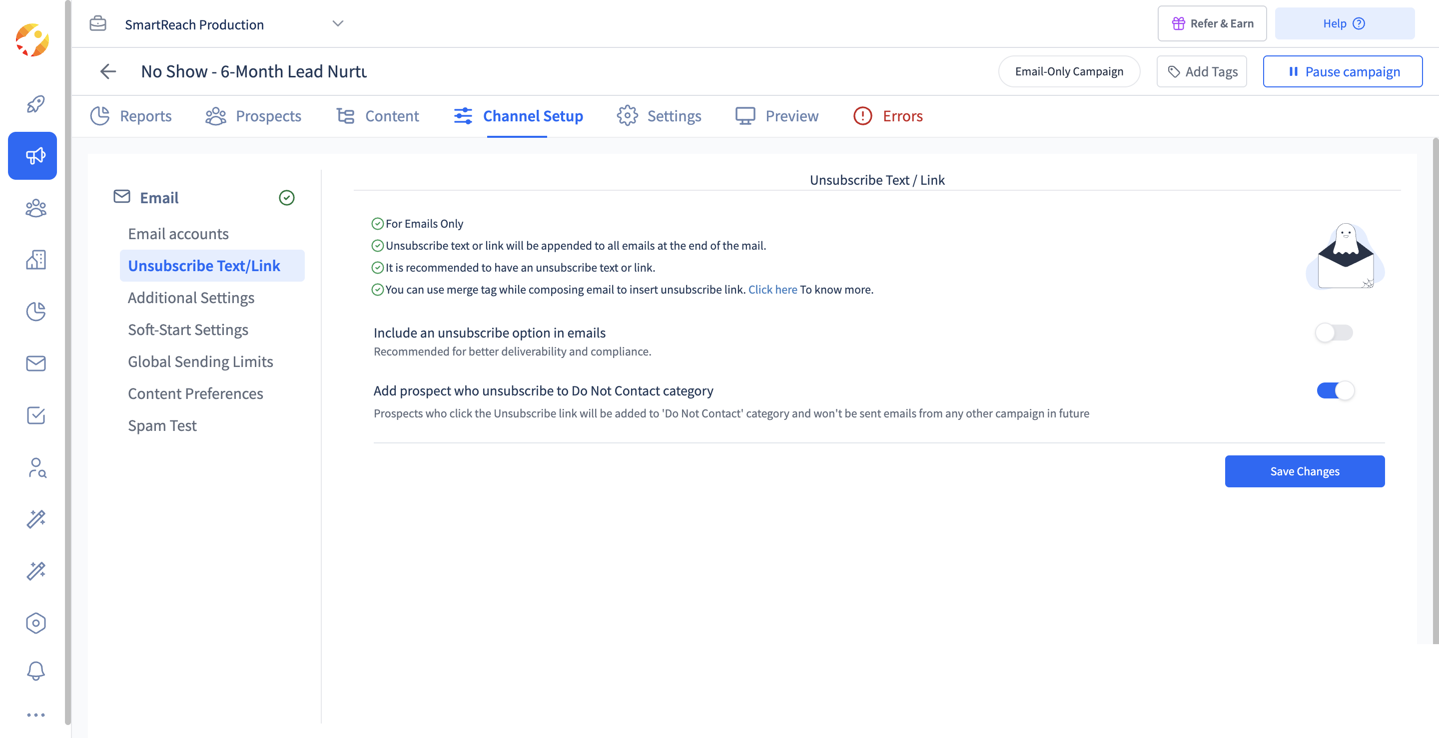 SmartReach.io Unsubscribe Text/Link settings with the unsubscribe and Do Not Contact toggles