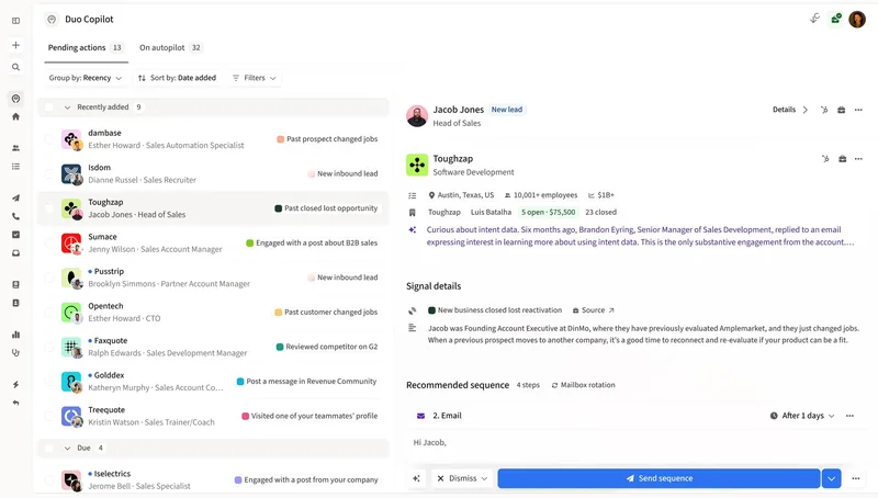 Amplemarket's Duo Copilot showing a queue of pending actions tagged with signals like past prospect changed jobs and new inbound lead, beside a lead panel with signal details and a recommended four-step sequence with mailbox rotation