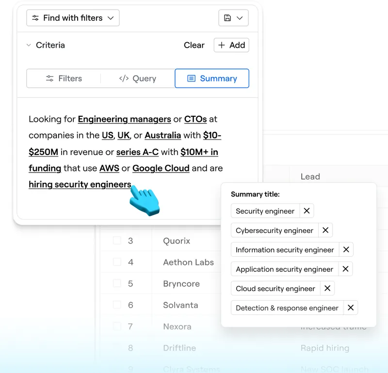 Clay's search builder describing an ICP in plain language: engineering managers or CTOs at US, UK or Australian companies with $10-250M revenue that use AWS and are hiring security engineers