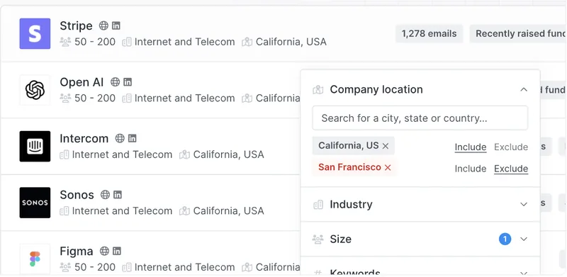 Hunter's Discover view listing Stripe, Open AI, Intercom, Sonos and Figma with employee counts and known email totals, beside a filter panel including and excluding company locations