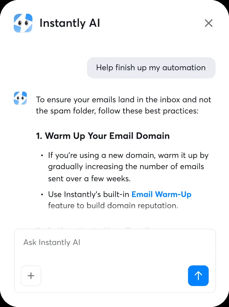 Instantly's in-app AI assistant answering a question about finishing an automation, leading with a step on warming up your email domain and pointing at the built-in Email Warm-Up feature