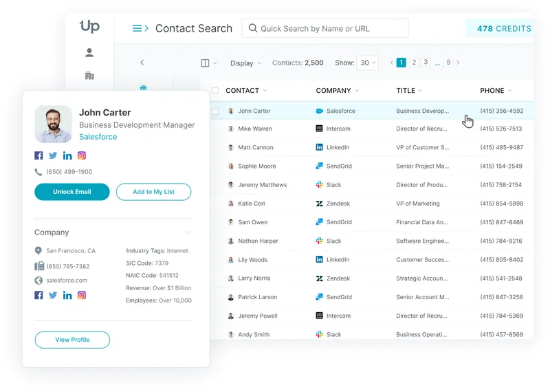 UpLead's contact search showing 2,500 contacts with company, title and phone columns, a credit balance of 478 in the top right, and a contact panel with an Unlock Email button and firmographic detail