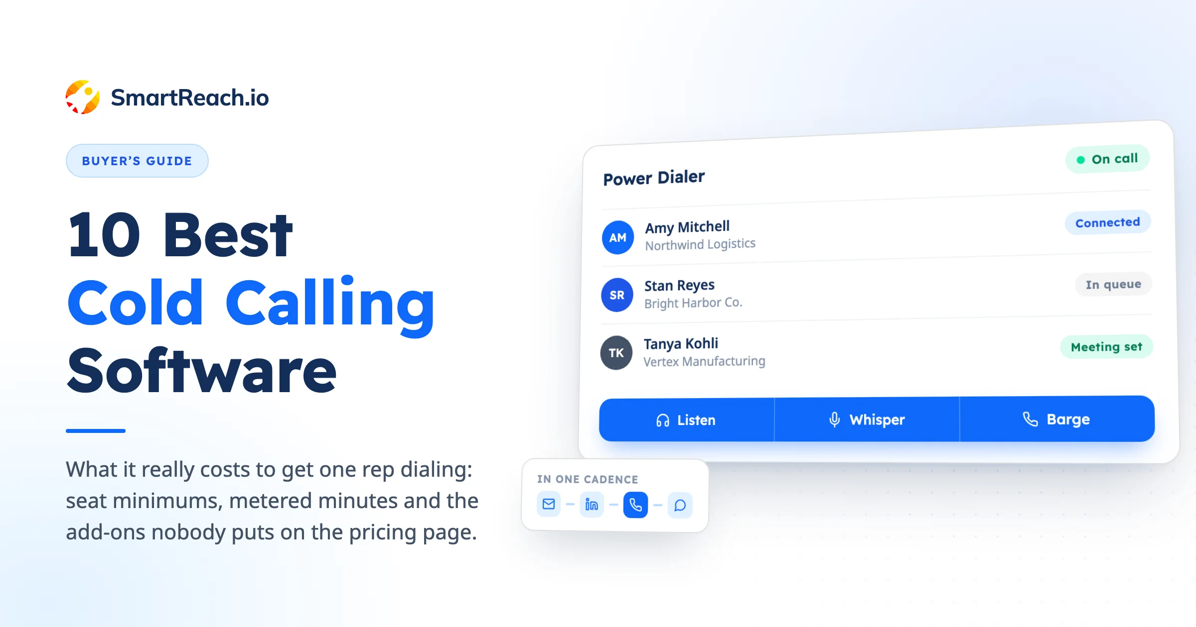 SmartReach.io PowerCaller power dialer with a live call queue and the Listen, Whisper and Barge coaching controls