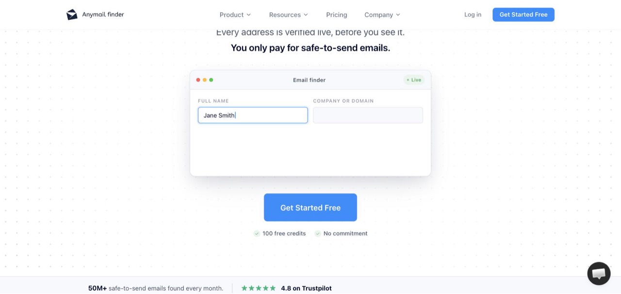 Anymail Finder homepage stating every address is verified live before you see it, with 100 free credits and 4.8 on Trustpilot