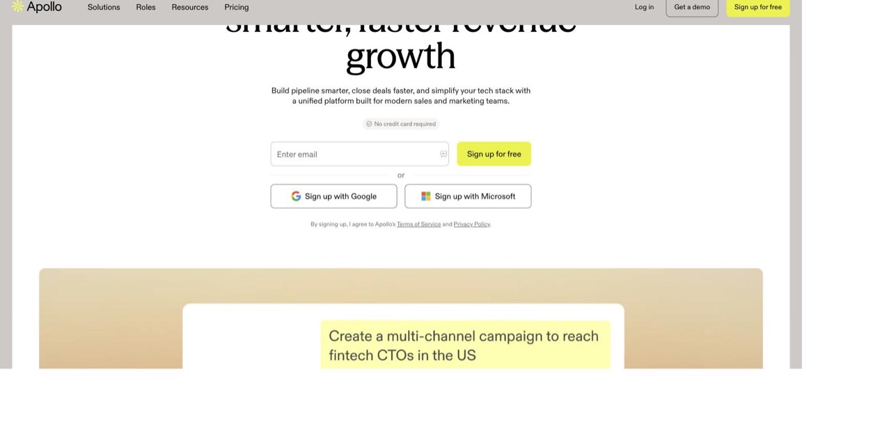 Apollo.io homepage offering a free plan with no credit card required and an AI campaign builder