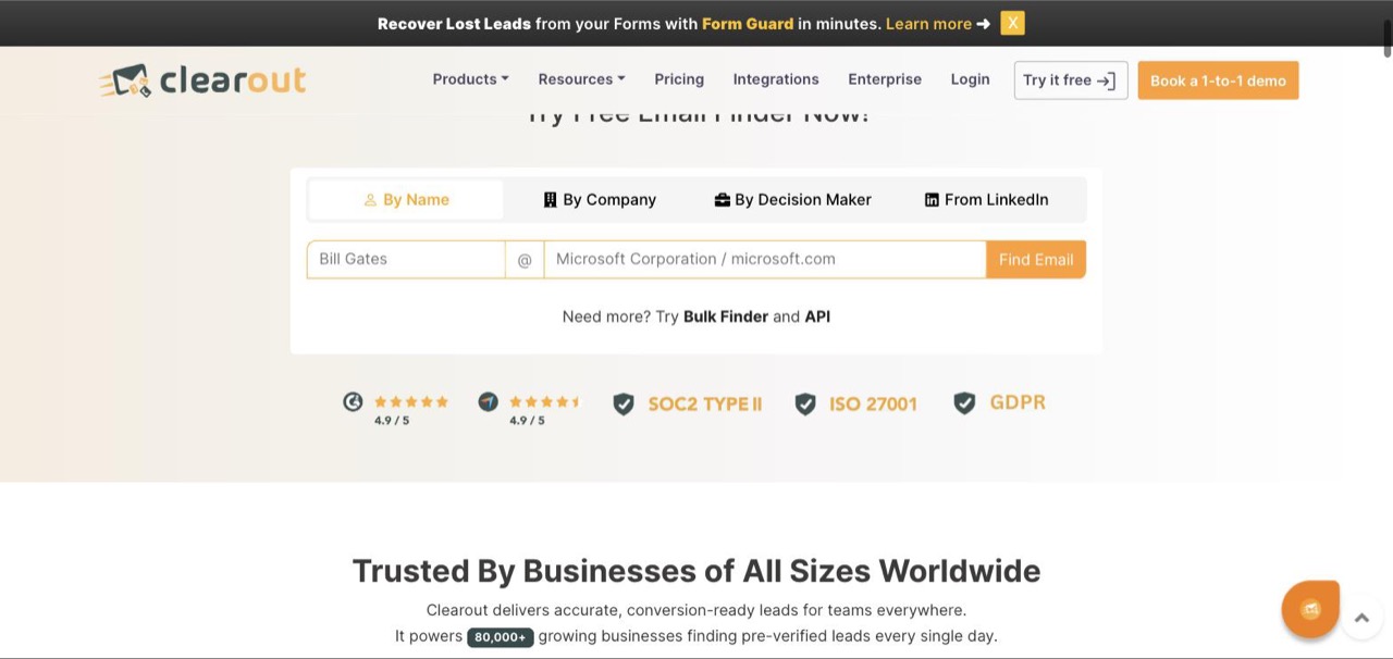 Clearout email finder with four search modes: By Name, By Company, By Decision Maker and From LinkedIn