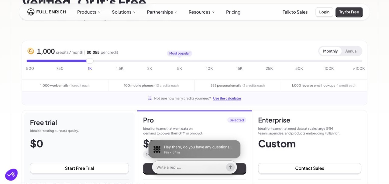 FullEnrich pricing slider showing 1,000 credits per month at $0.055 per credit, with work emails at 1 credit, mobile phones at 10, and personal emails at 3