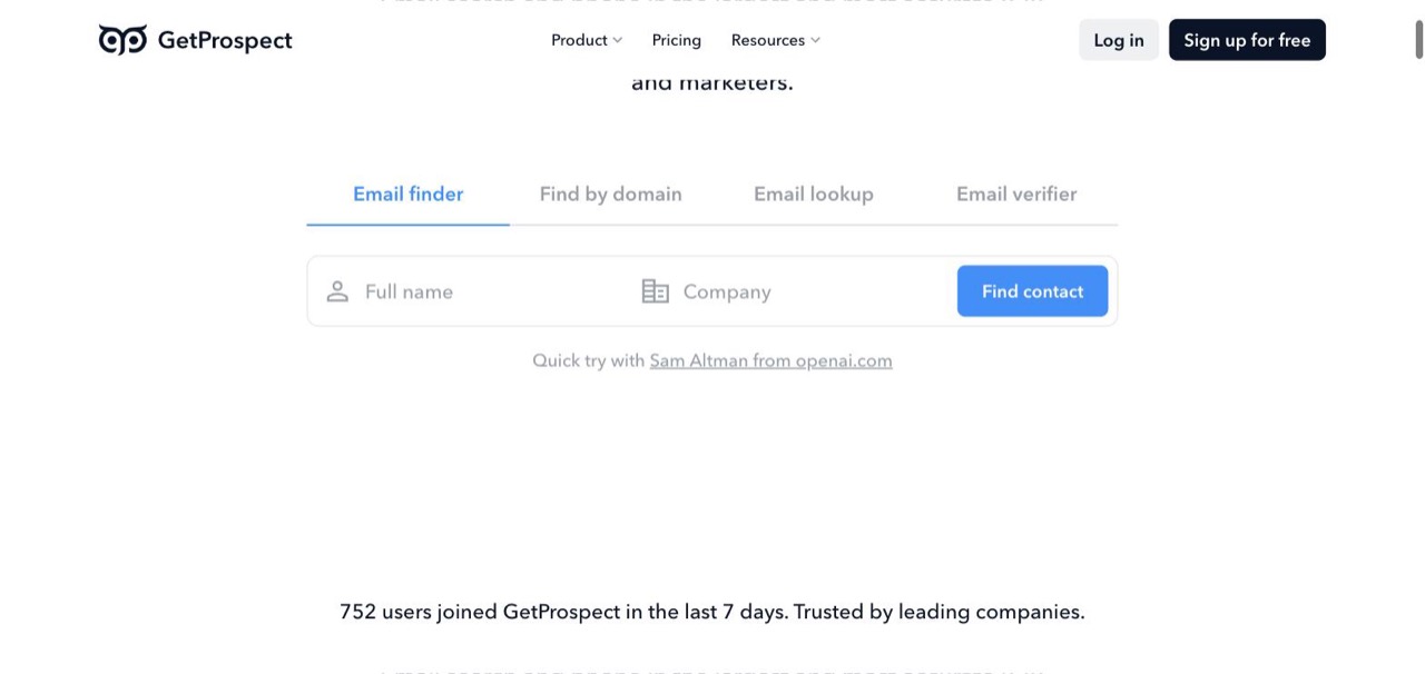 GetProspect with four tabs: Email finder, Find by domain, Email lookup and Email verifier