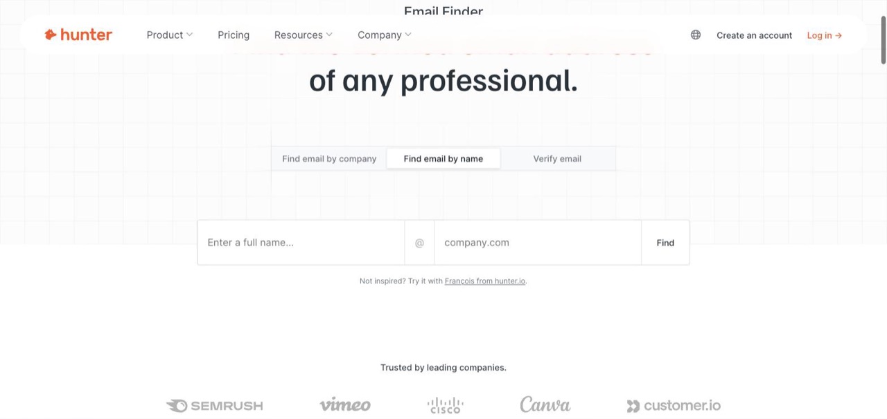 Hunter.io email finder with three tabs: Find email by company, Find email by name, and Verify email