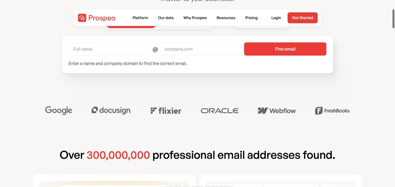 Prospeo email finder search box above a headline reading over 300,000,000 professional email addresses found