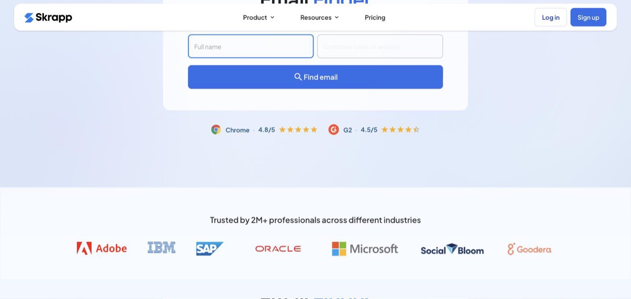 Skrapp email finder search box with Chrome extension rated 4.8 out of 5 and G2 rated 4.5 out of 5